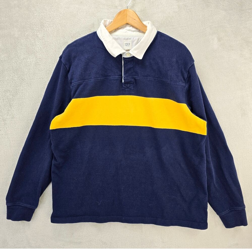 Gap Rugby Polo Shirt Men XL Navy Blue Yellow Colorblock Long Sleeve